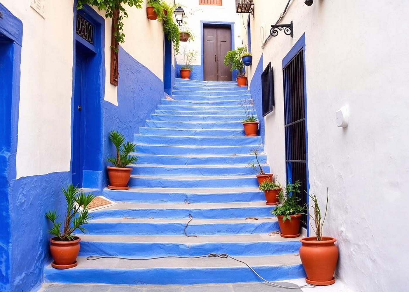 Blue-washed stairway street lined with potted plants in the medina of Chefchaouen, Morocco