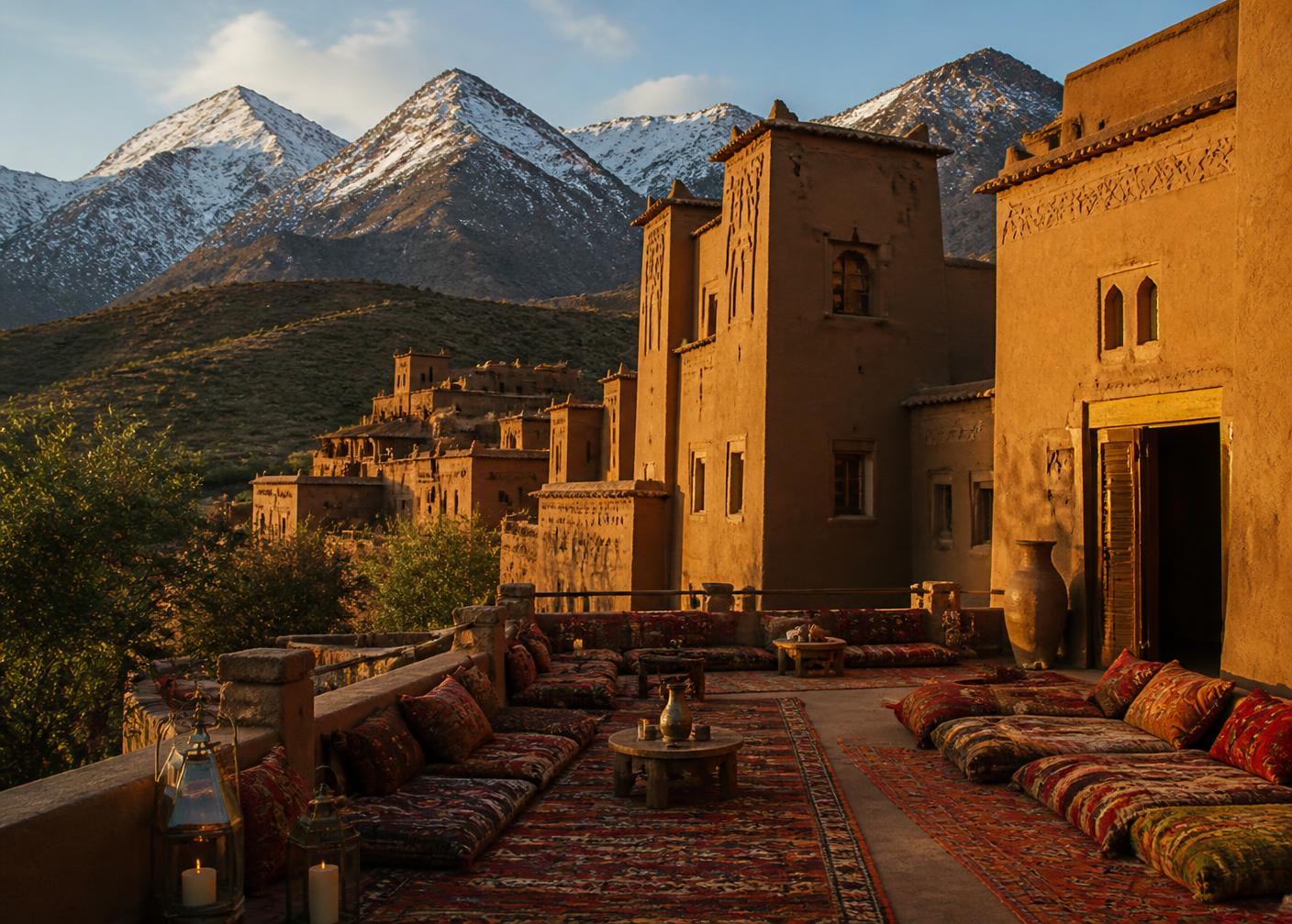 Terrace of a kasbah lodge with Amazigh rugs and snow-dusted High Atlas peaks behind, Morocco