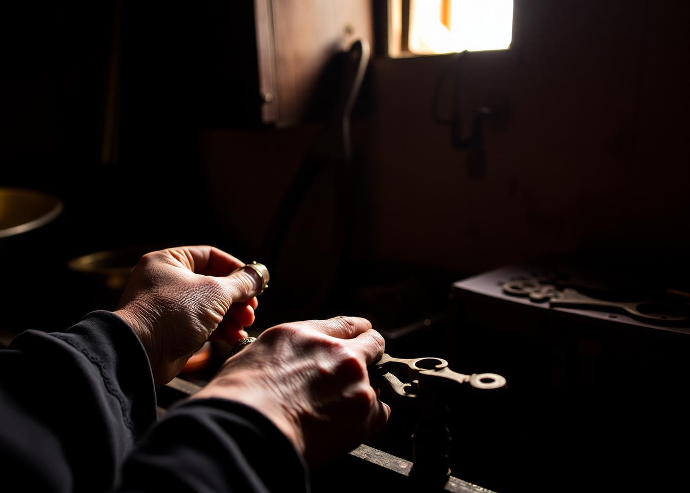 Hands of a Moroccan craftsman hammering brass in a small Fes workshop lit by a window