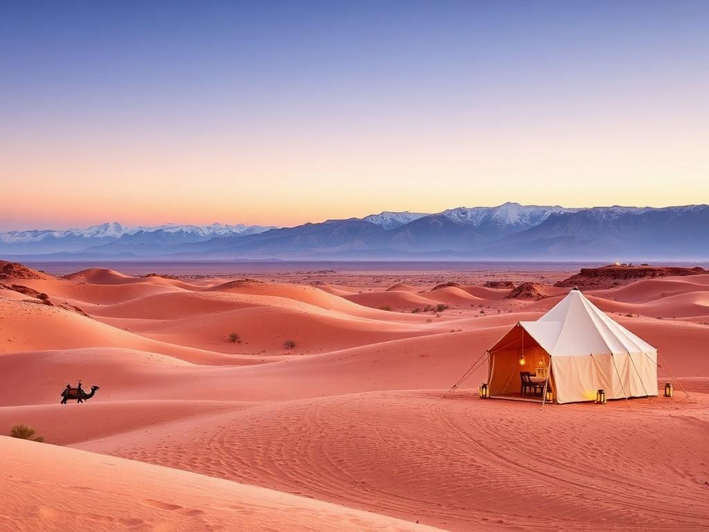 Tented desert camp in the stone hills of Agafay near Marrakech at dusk, Atlas peaks behind