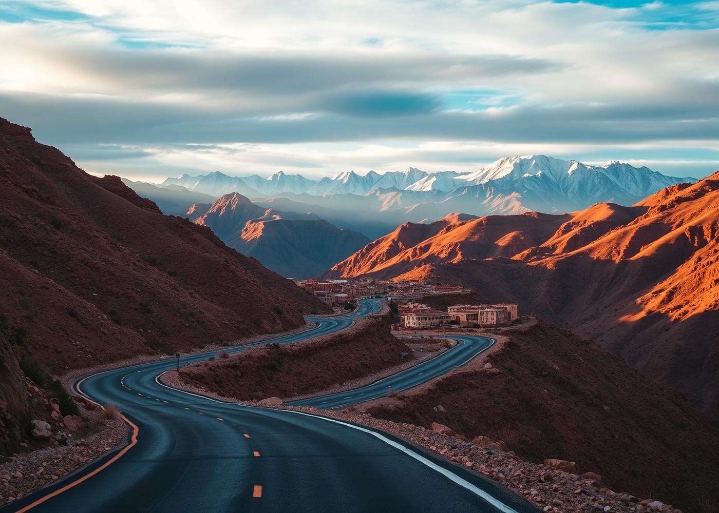 Mountain road winding through the High Atlas past an Amazigh village of earthen houses, Morocco