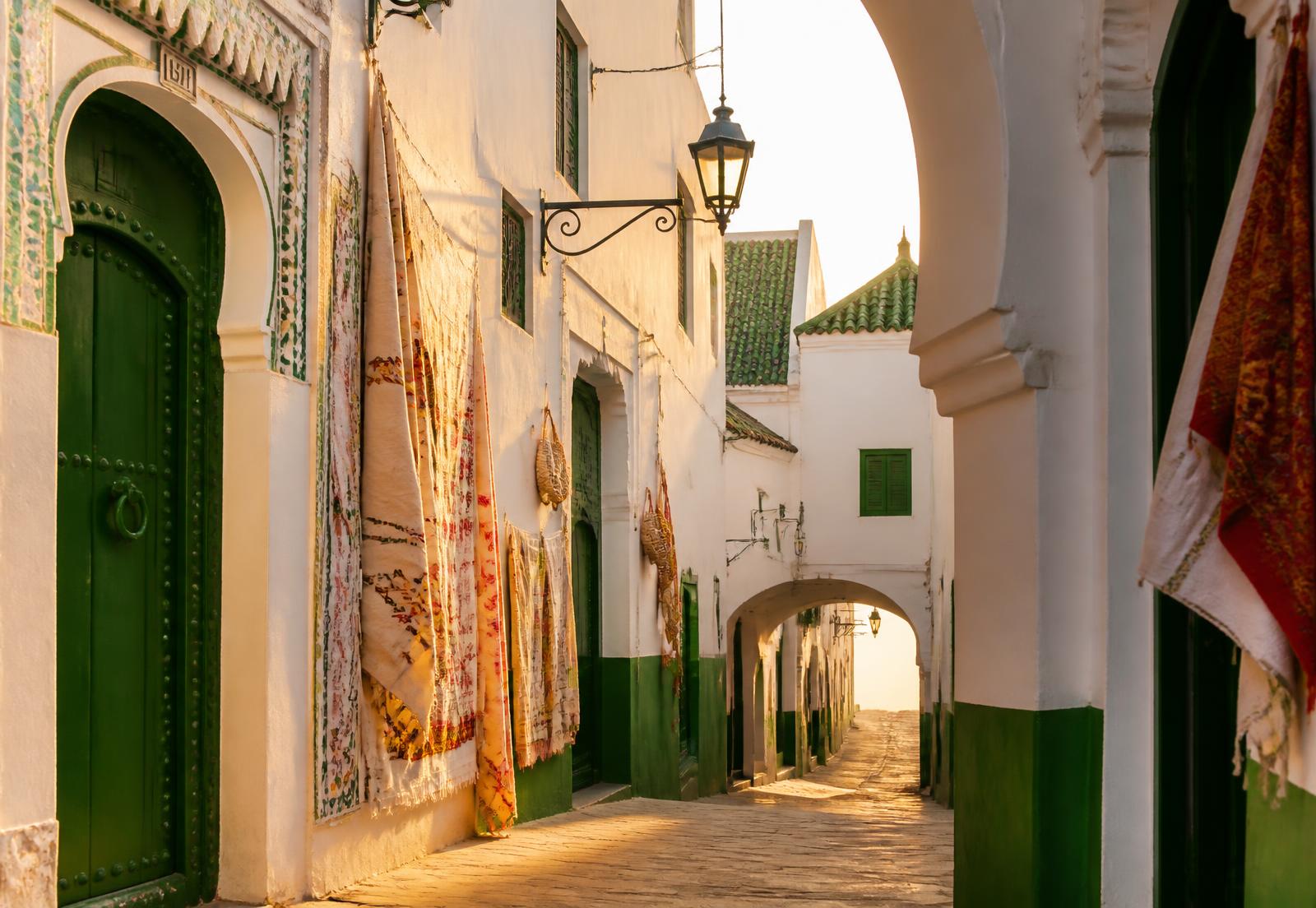 Andalusian white medina of Tetouan with green shutters below the Rif mountains, Morocco