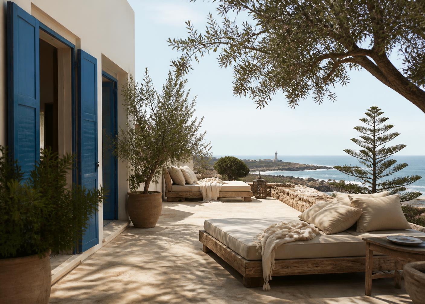 Whitewashed coastal retreat terrace with linen daybeds overlooking the Atlantic near Essaouira