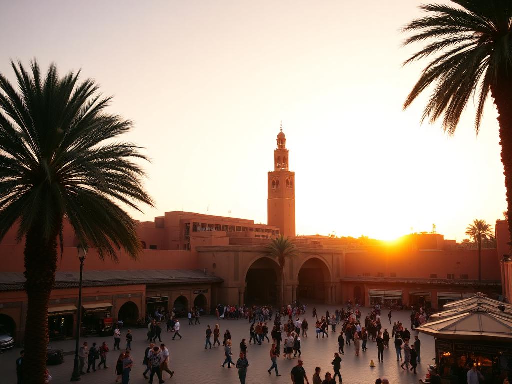 Jemaa el-Fnaa square in Marrakech at golden hour with the Koutoubia minaret rising behind the crowd
