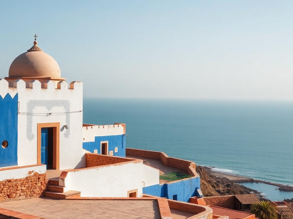 Blue and white lanes of the Kasbah of the Udayas above the Atlantic in Rabat, Morocco