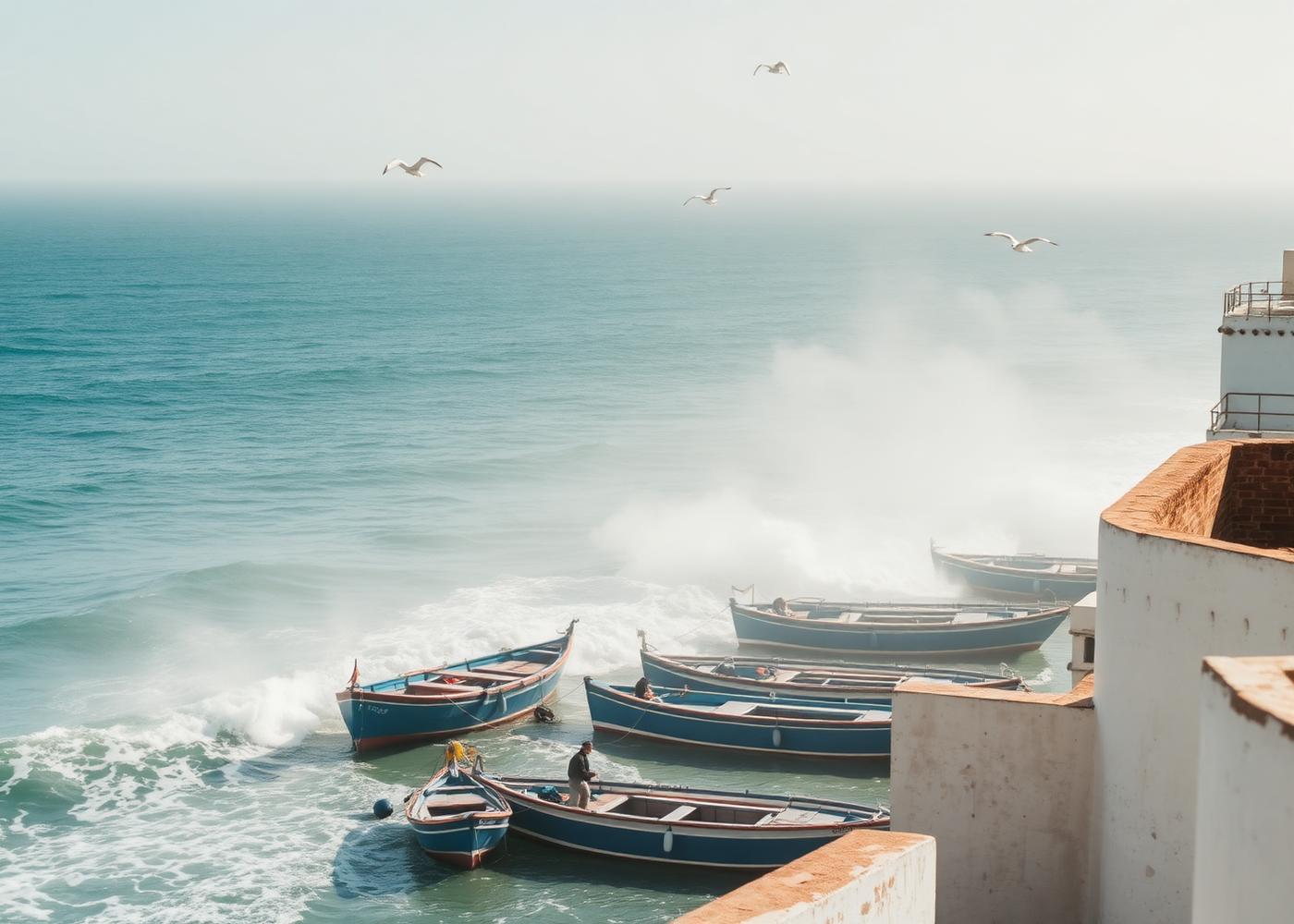 Blue wooden fishing boats moored beside the ramparts of the Essaouira harbor on Morocco's Atlantic coast