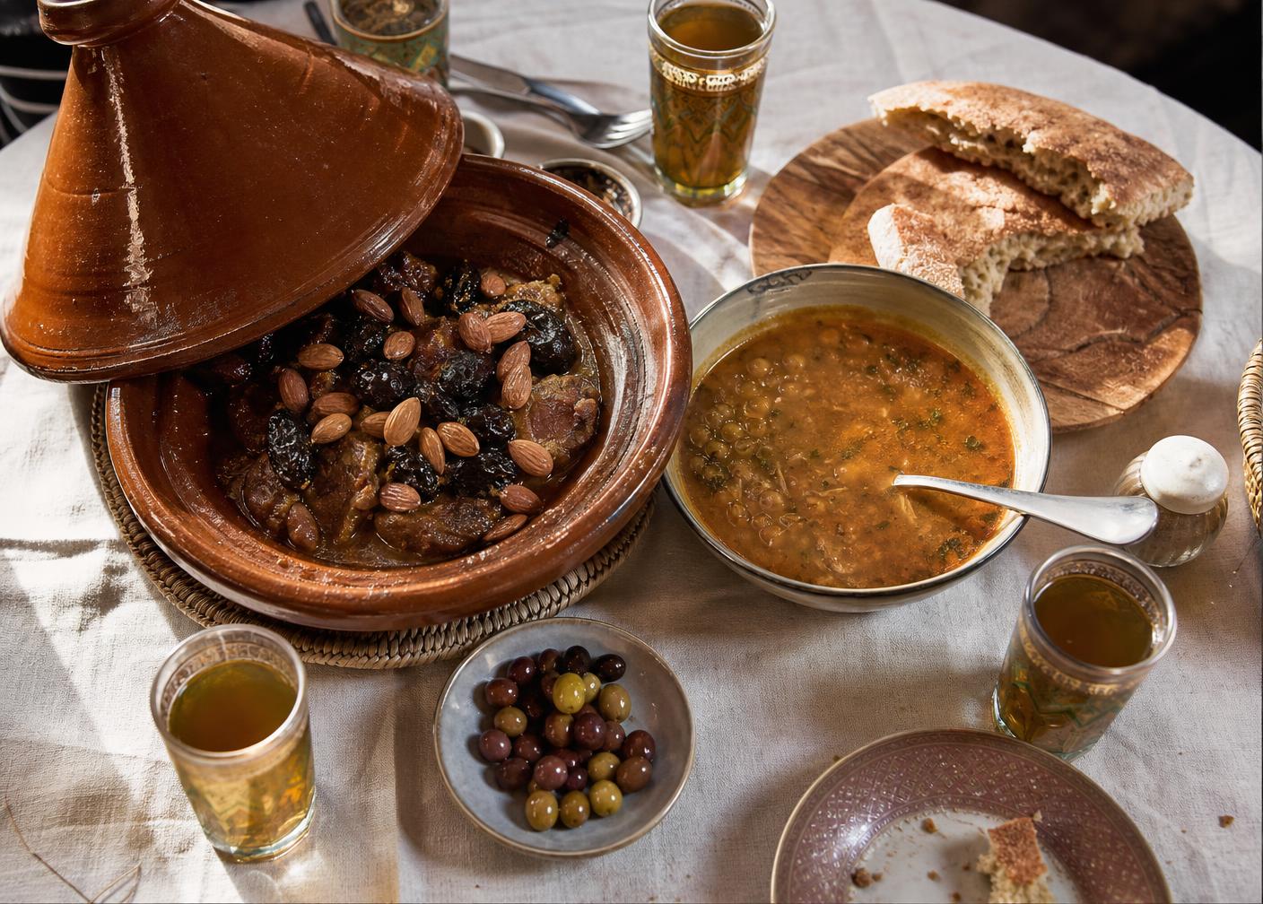 Moroccan table set with a lamb tagine, mint tea, olives and spices in warm evening light