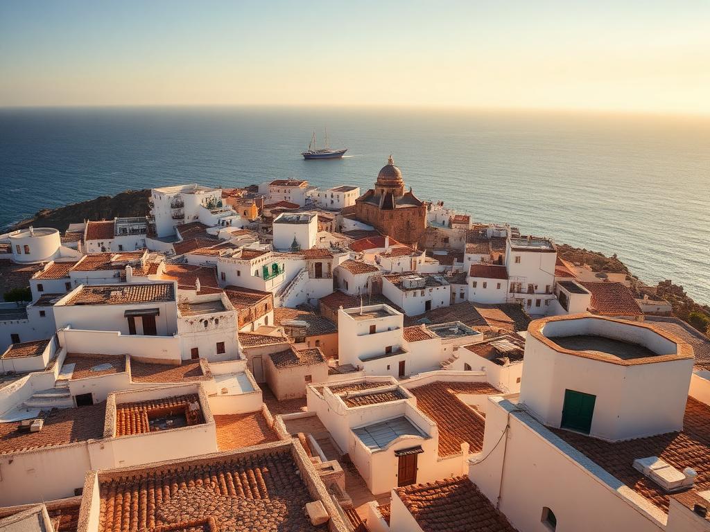Whitewashed rooftops of the Tangier medina looking out over the Strait of Gibraltar, Morocco