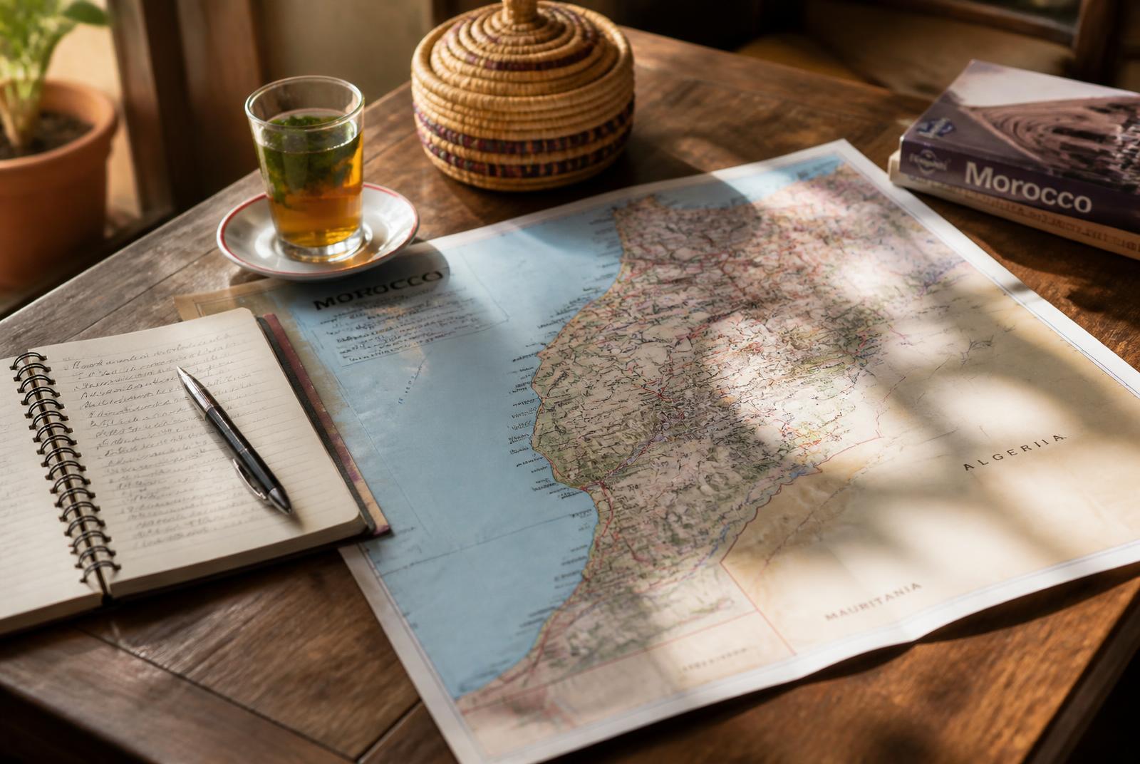 Wooden table with a paper map of Morocco, a travel notebook and a glass of mint tea in window light