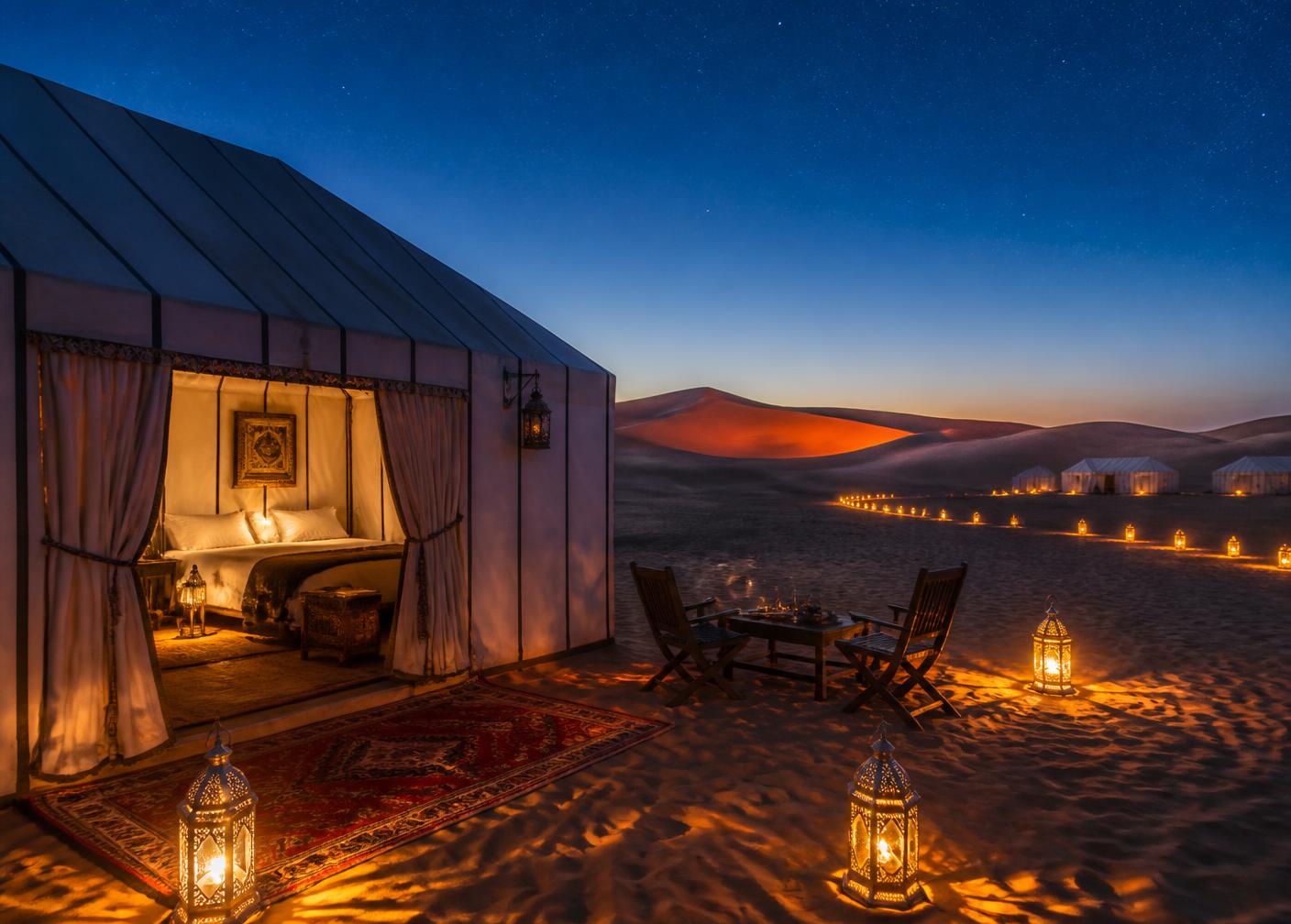 Lantern-lit luxury desert camp tent among the Sahara dunes near Merzouga at blue hour