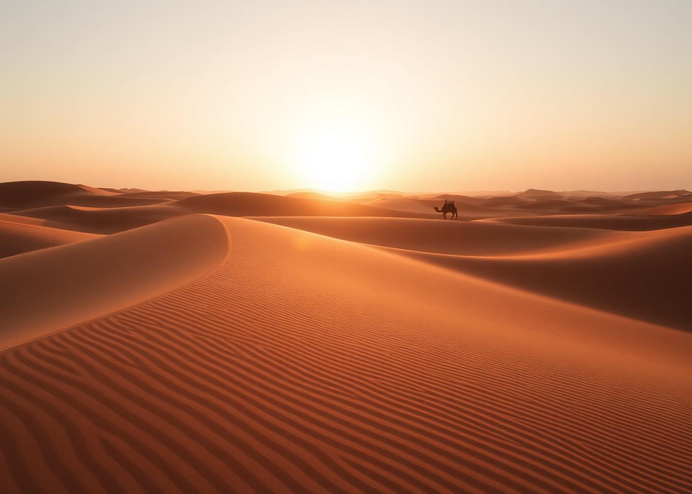 Sunrise over the Erg Chebbi dunes in the Moroccan Sahara with a camel caravan on the far ridge